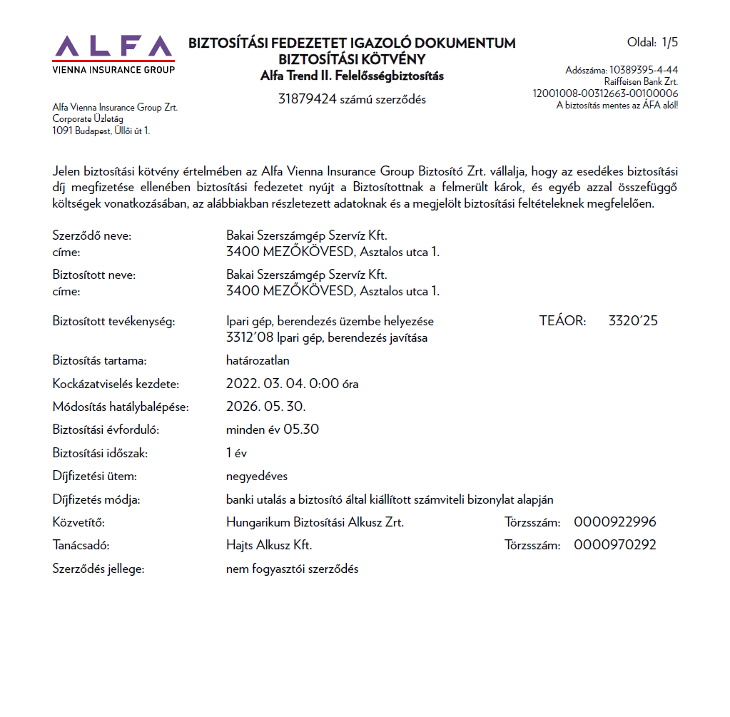 Bakai Kft vállalkozói felelősségbiztosítási kötvény – ALFA Vienna Insurance Group 2025