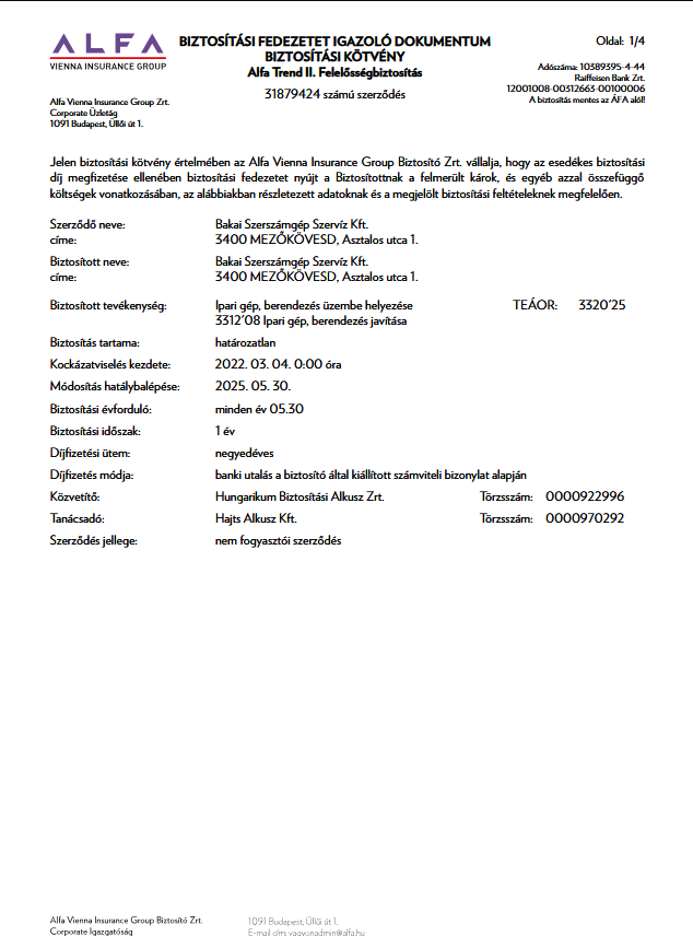 Bakai Kft vállalkozói felelősségbiztosítási kötvény – ALFA Vienna Insurance Group 2025